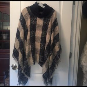 Navy, gray, cream checked poncho