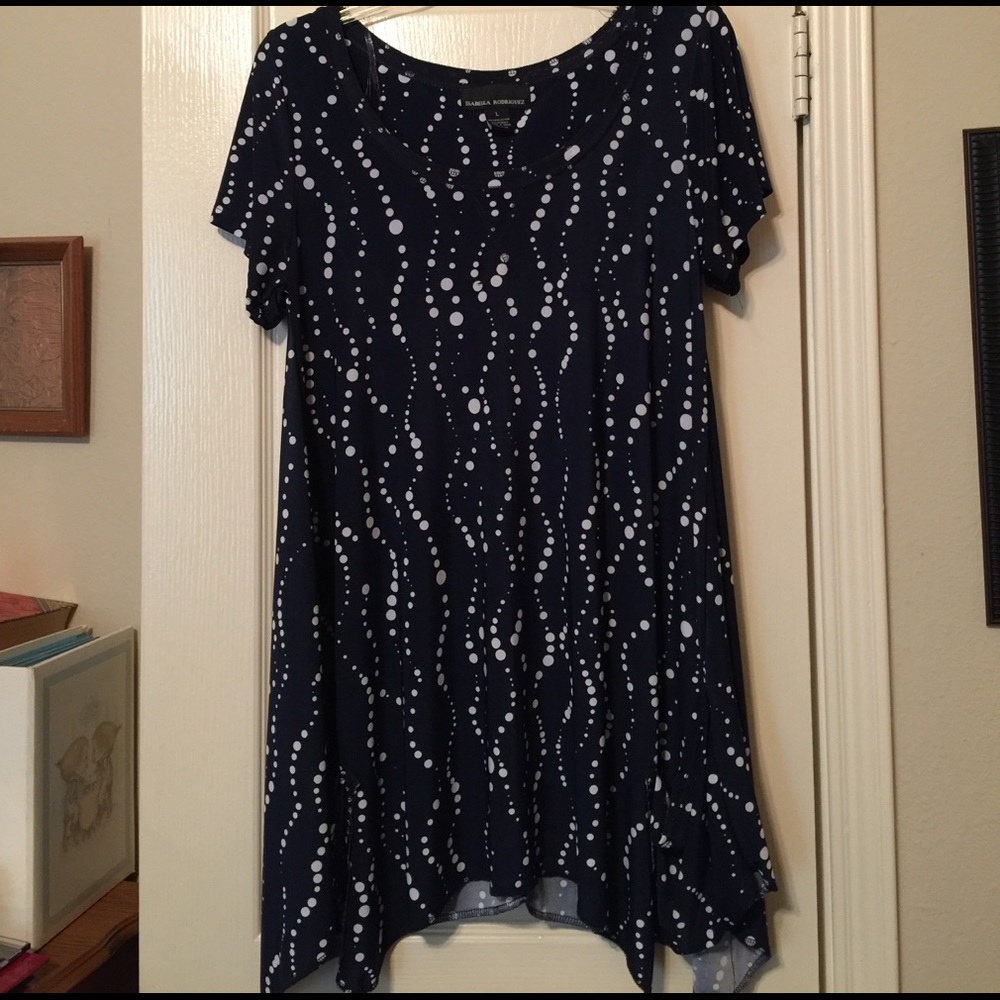 Navy short sleeve top with white dots.
