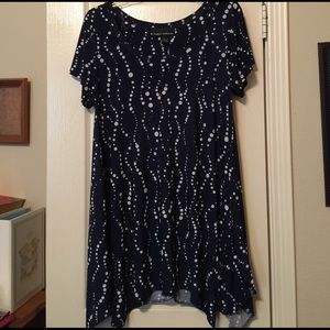 Navy short sleeve top with white dots.
