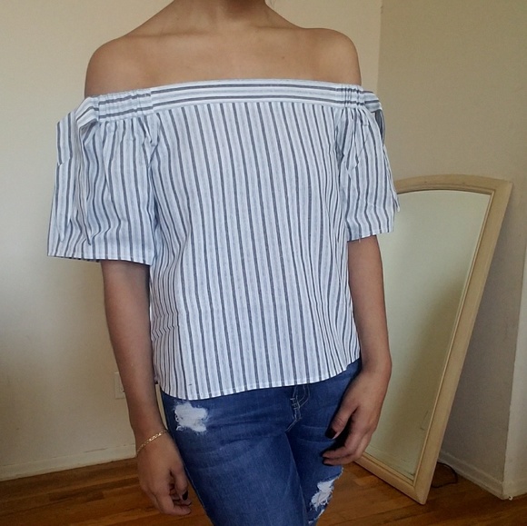 BLUE STRIPED OFF SHOULDER TOP - Picture 5 of 6