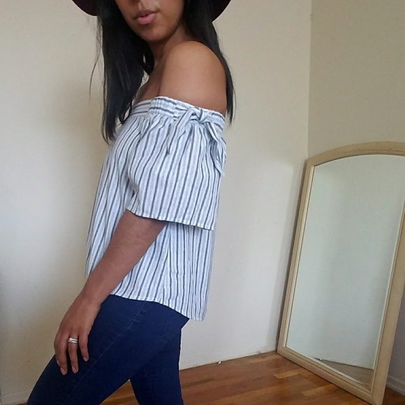 BLUE STRIPED OFF SHOULDER TOP - Picture 2 of 6
