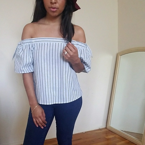 BLUE STRIPED OFF SHOULDER TOP - Picture 3 of 6
