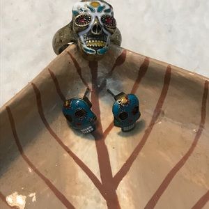 Calavera (sugar skull) ring and earrings set