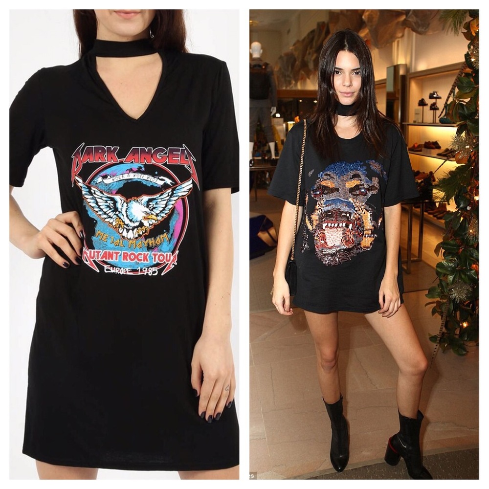 Eagle Print Choker T-Shirt Dress | Black | Size XS| Edgy Street Style