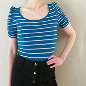 Turquoise + Beige Striped Short Sleeved Top