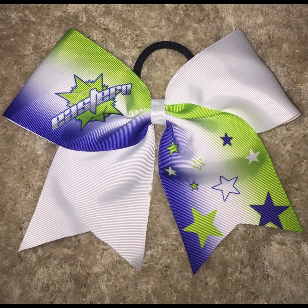 Green, blue, white cheerleading bow.