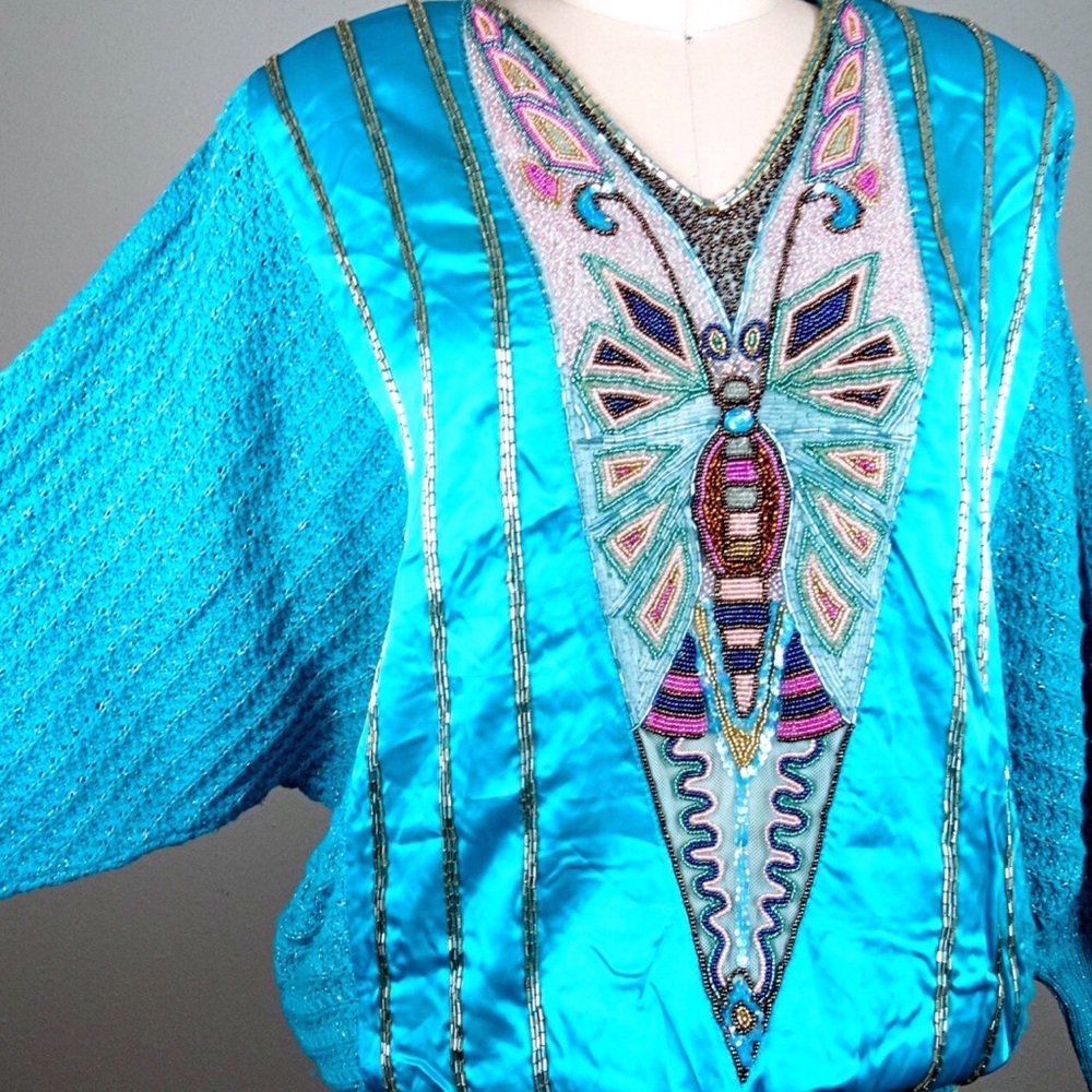 Vintage Turquoise Blue Beaded Butterfly Top - Picture 2 of 3