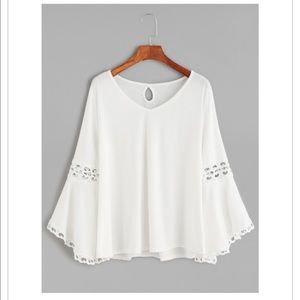 New White V Neck Crochet Blouse