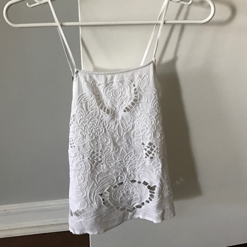 Embroidered white top lace up back
