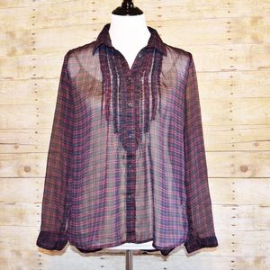 American Eagle Sheer Plaid Long Sleeve Top