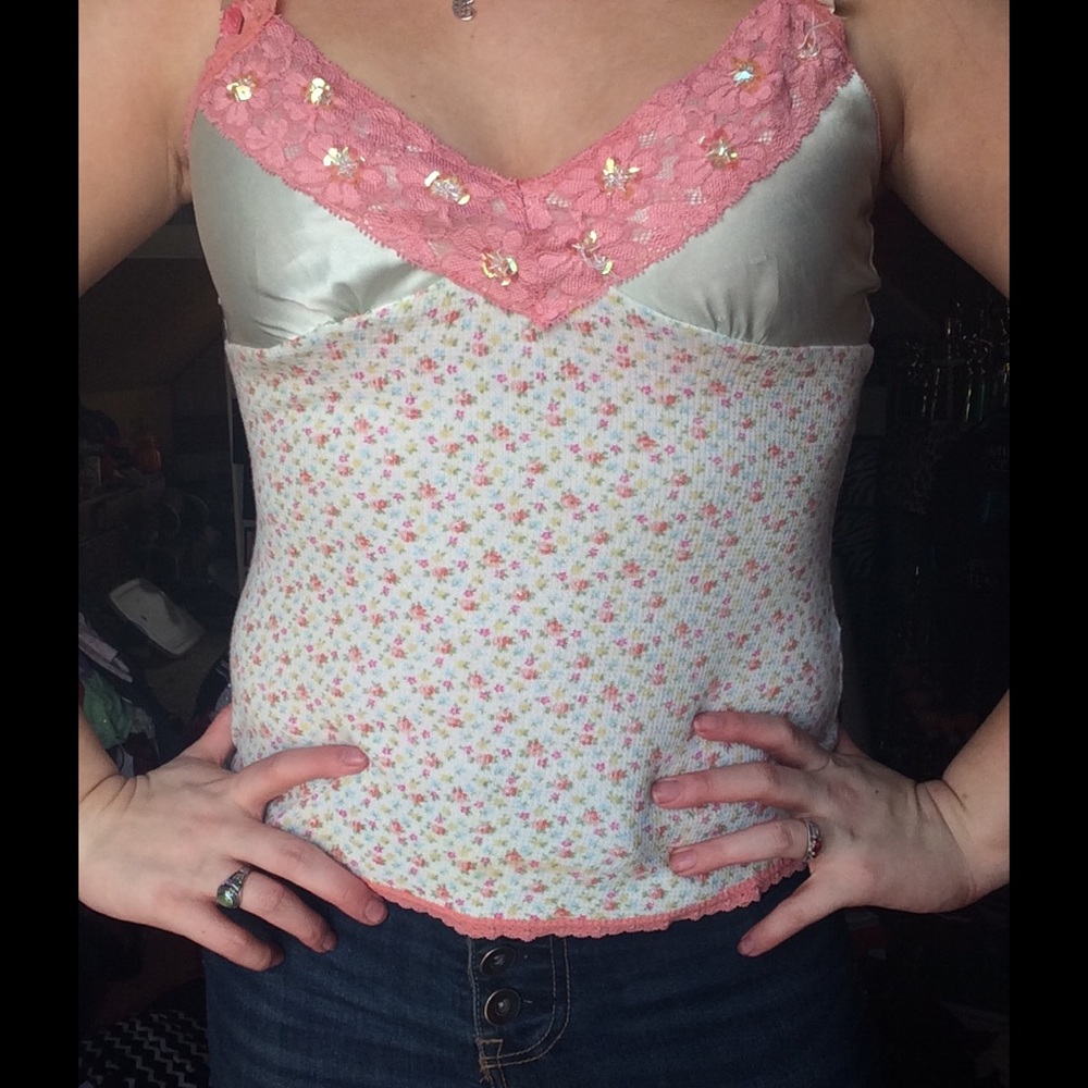 Floral print satin tank with lace neck