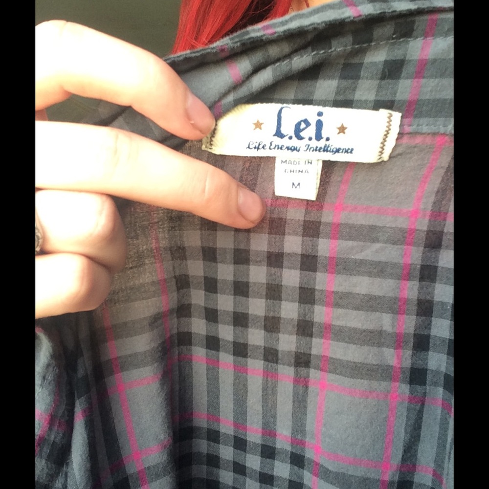 Grey and pink button up flannel ruffle bust