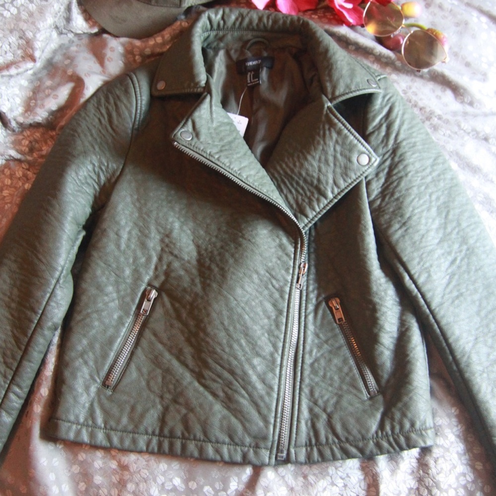 NWT Olive Leather Moto Jacket - F21