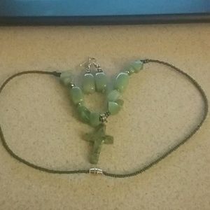 Jade Rosary Cross Crucifix Necklace and Earrings