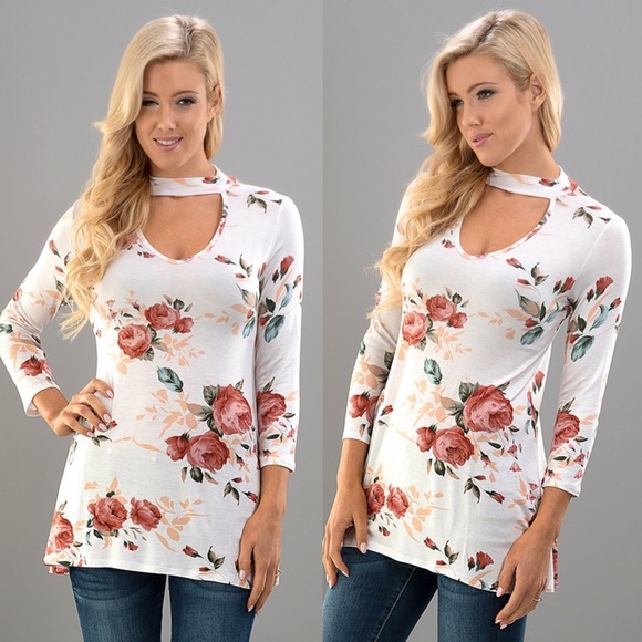Bellanblue Tops - YURI floral print choker neck top - IVORY Bellanblue Tops - YURI floral print choker neck top - IVORY