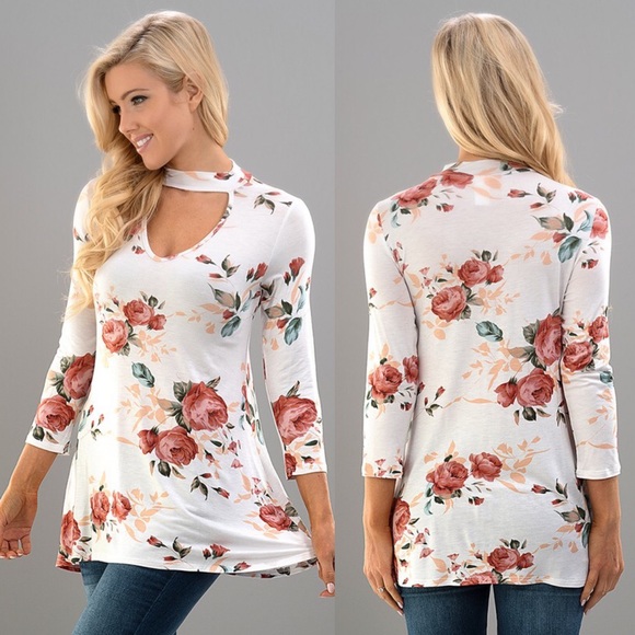Bellanblue Tops - YURI floral print choker neck top - IVORY Bellanblue Tops - YURI floral print choker neck top - IVORY