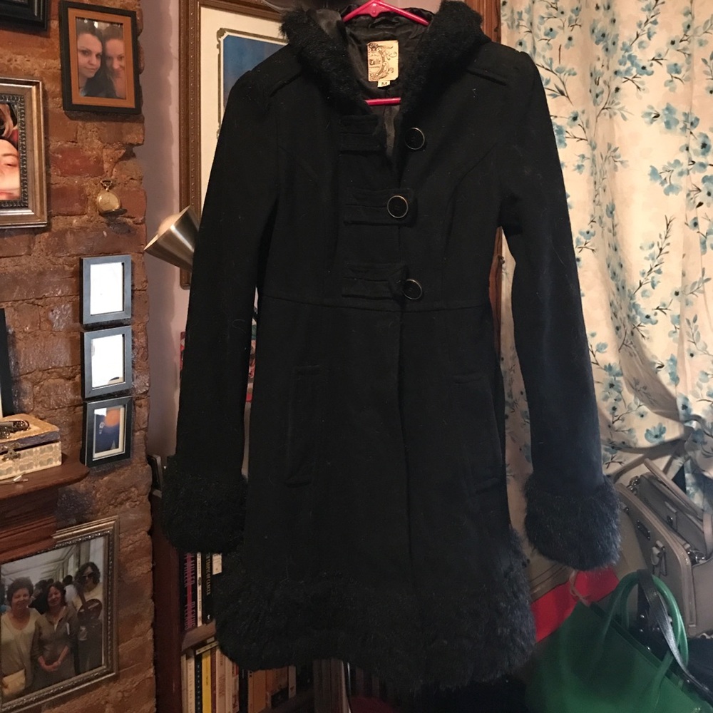 Hooded faux fur trim fall jacket black