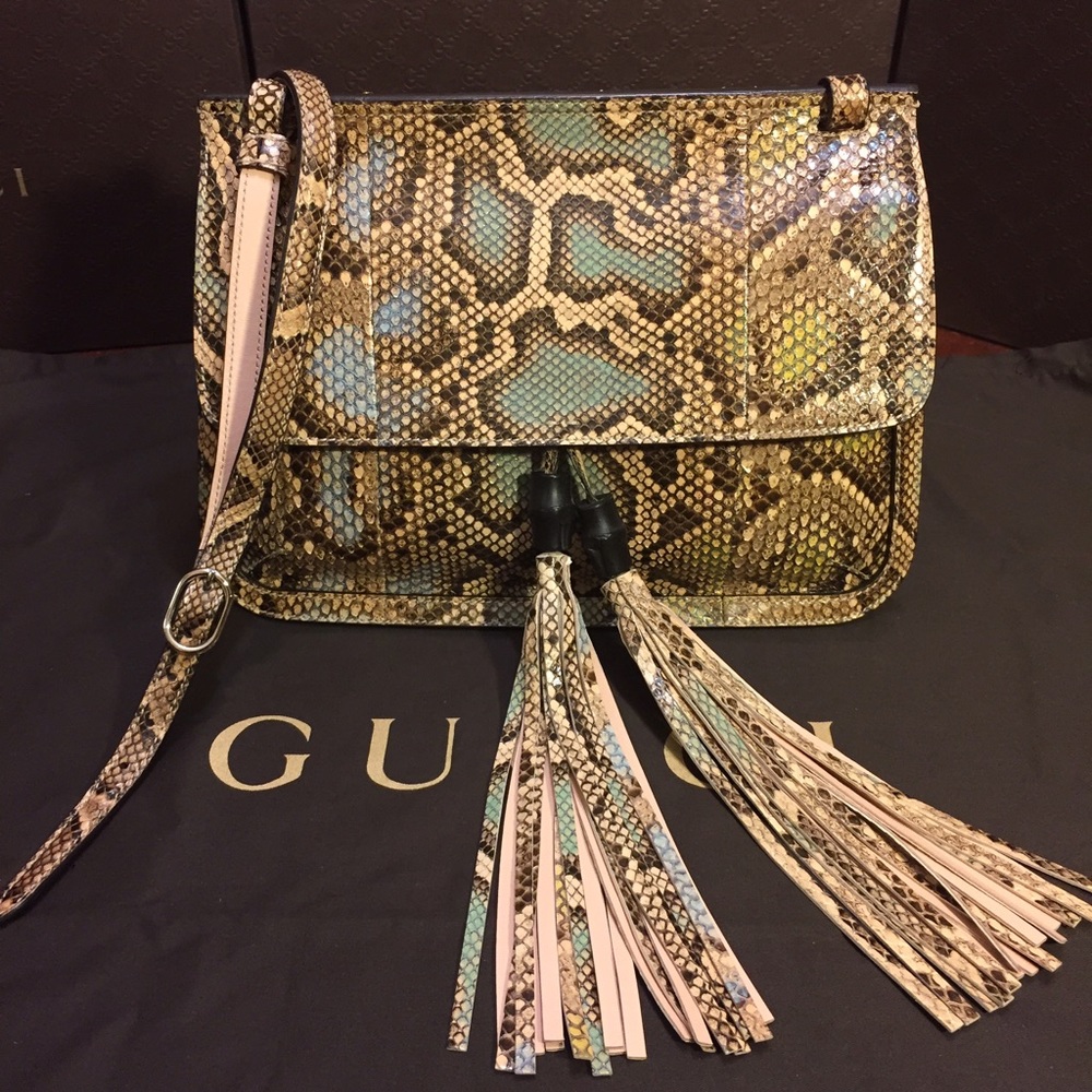 NEW Gucci Python Handbag, Black Bamboo w/Tassels