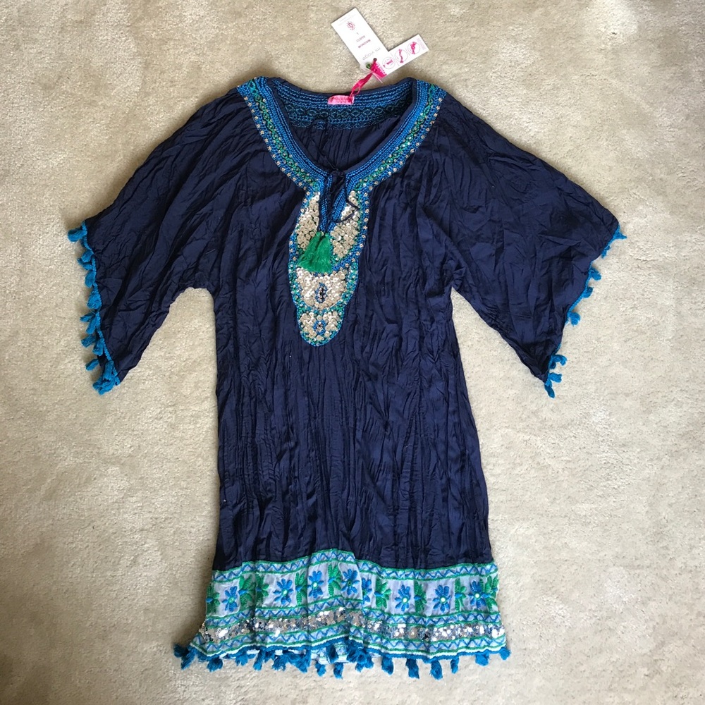 NAVY EMBELLISHED BELL SLEEVED DRESS SIZE LARGE.
