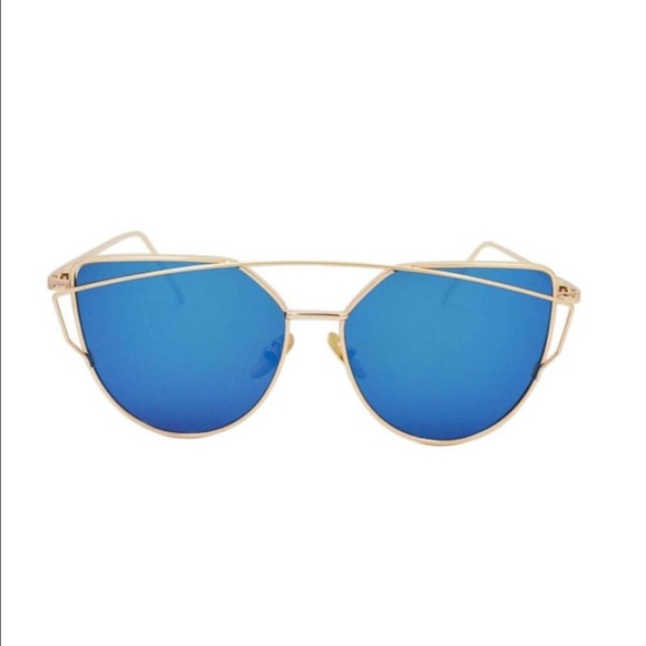 Boutique Accessories - Flat Lens Mirrored Cat Eye Sunglasses Blue/Gold