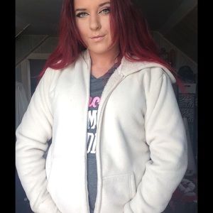 White zip up fuzzy warm hoodie