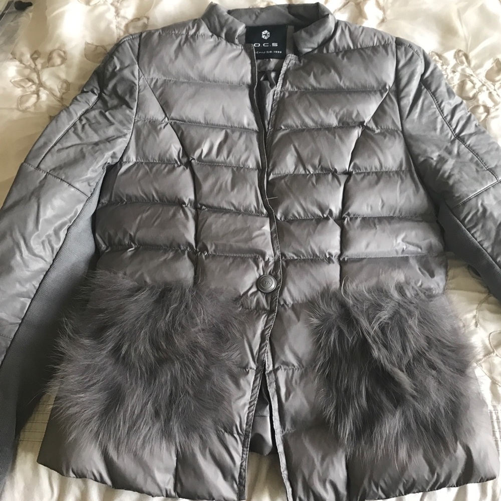 down jacket with leather sleeves