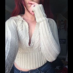 Tan crochet hooded crop top sweater cover up