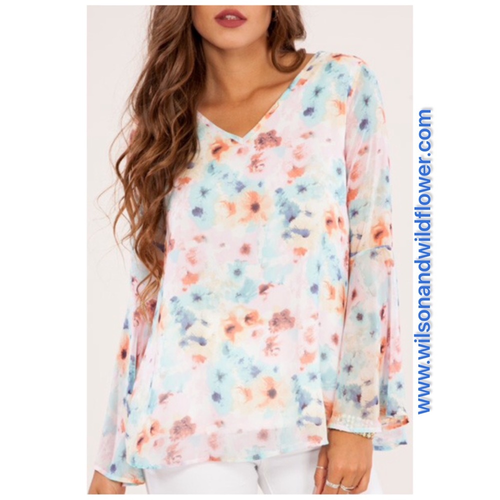 NWT Muted Floral Pattern Blouse with Bell Sleeves