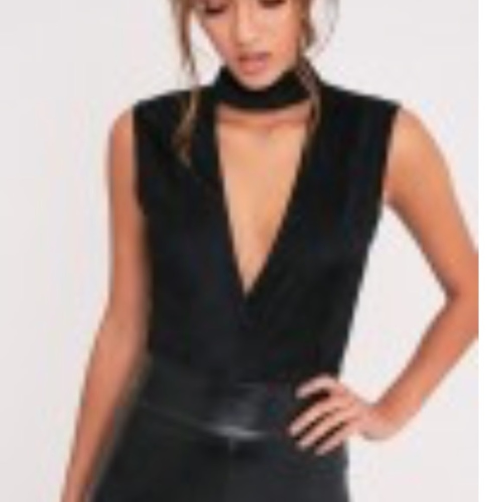 Black suede bodysuit V-cutout NWT