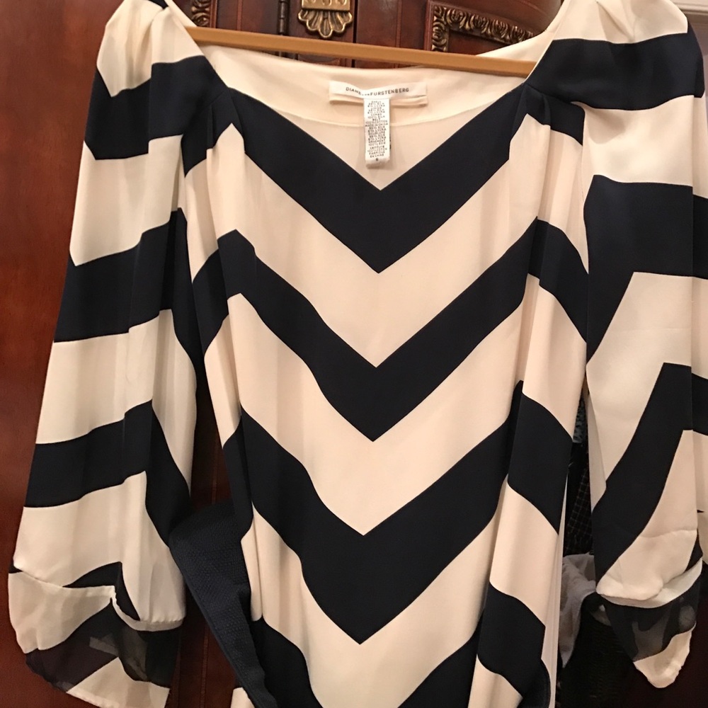 Navy blue and cream dress with wrap around belt