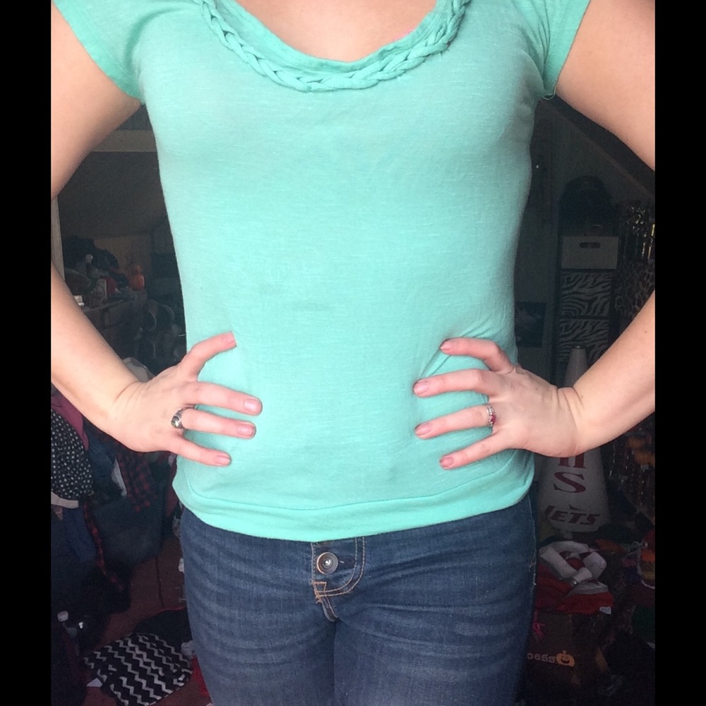Teal blue t shirt with braided neck line