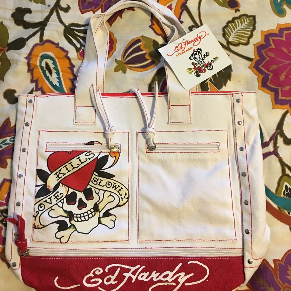 Brand New Ed Hardy Skull White & red Tote