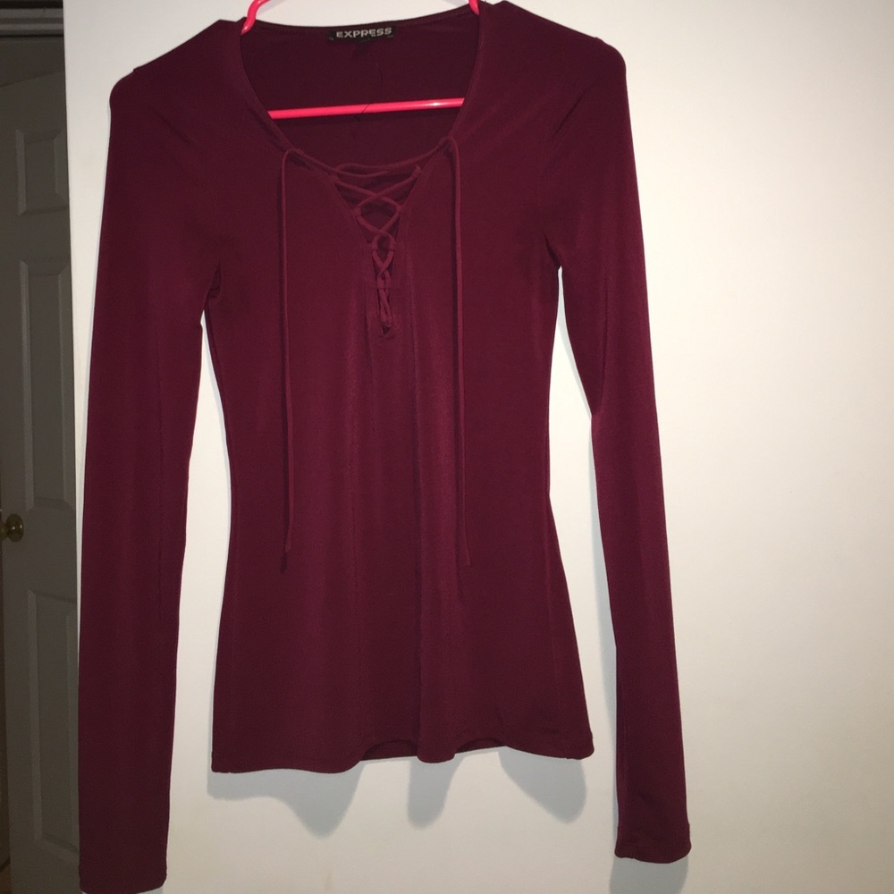 MAROON LACE UP LONG SLEEVE TOP