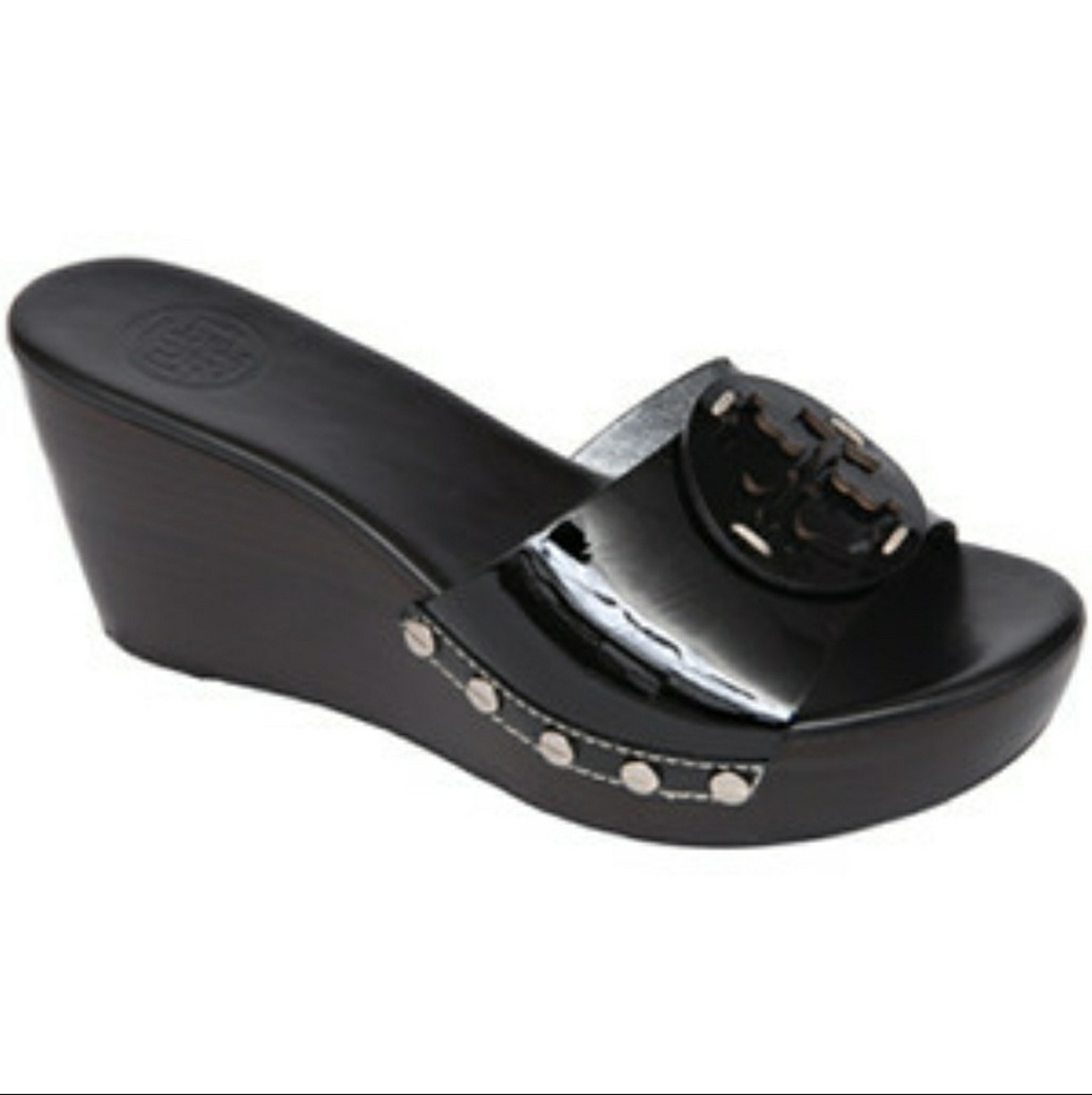Tory Burch patti Black Patent wedge slides