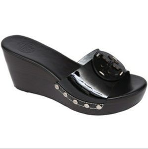 Tory Burch patti Black Patent wedge slides