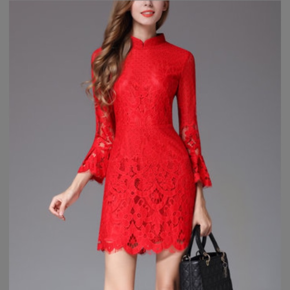 Red Lace Mandarin-Collar A-Line Dress