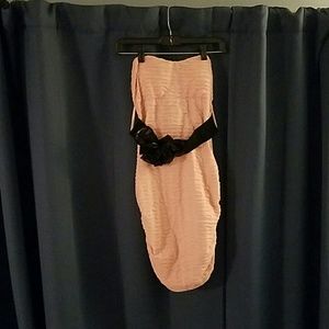 Pink dress with flower belt  and black blazer