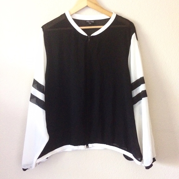 City Chic Jackets & Blazers - 24 plus size black white  sheer bomber jacket