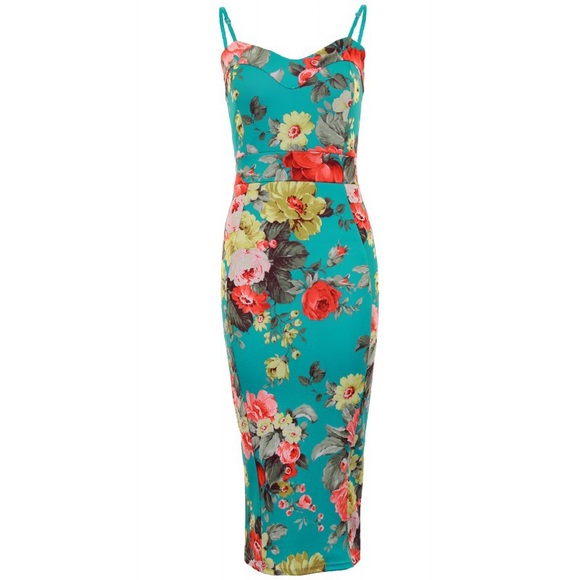 Missguided Dresses & Skirts - Teal floral fitted bodycon sweetheart neck dress