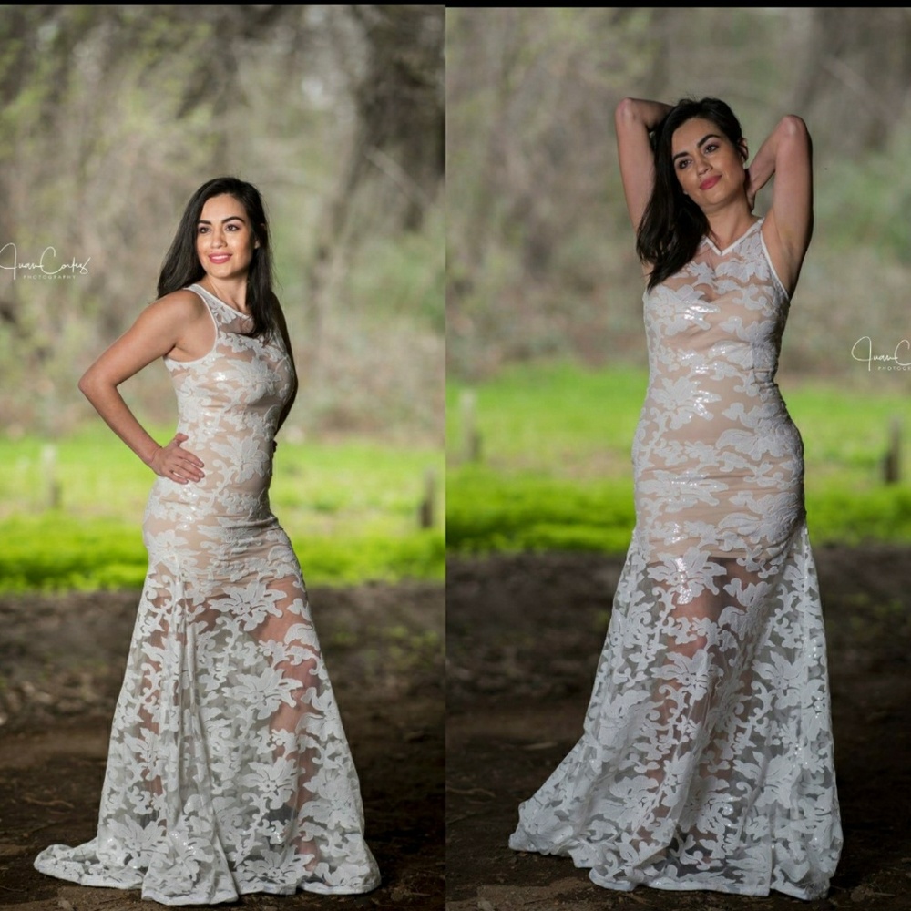 Formal Ivory floral & Beige Lace sequin maxi dress - Picture 2 of 7