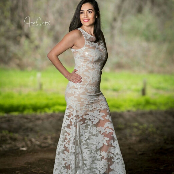 Formal Ivory floral & Beige Lace sequin maxi dress - Picture 6 of 7