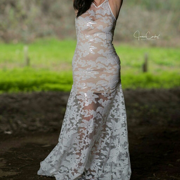 Formal Ivory floral & Beige Lace sequin maxi dress - Picture 7 of 7