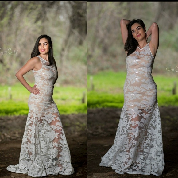 Formal Ivory floral & Beige Lace sequin maxi dress - Picture 2 of 7