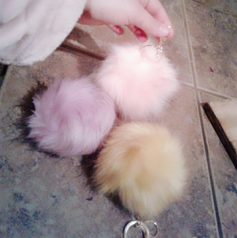 3 fur pom pom keychains