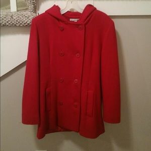 Red pea coat with hood.