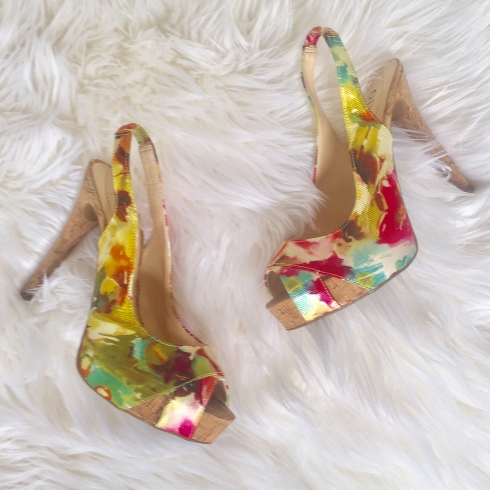 Guess Floral and Cork Platform Slingbacks