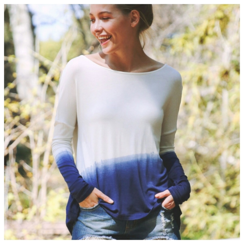 Blue And Ivory Ombre Drape Back Top - Picture 2 of 6