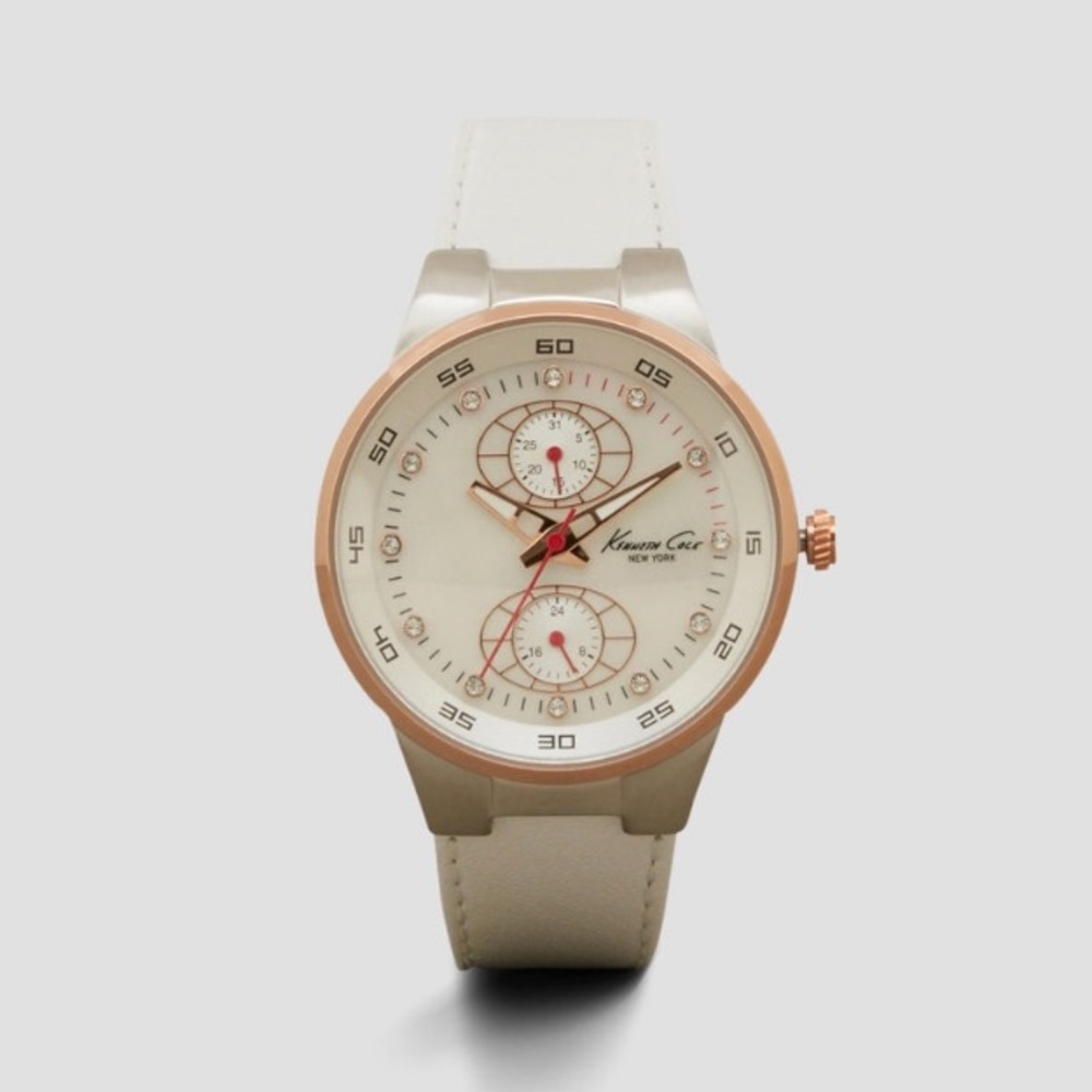 White Leather Goldtone + Silvertone Watch