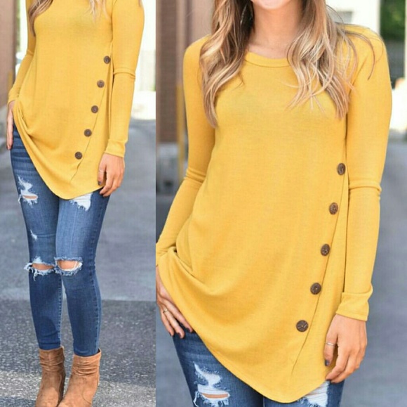 Tops - Mustard Asymmetrical Button Top