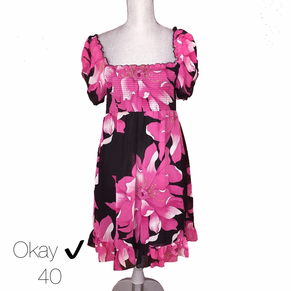 Okay ✔️ Black Pink Floral Chiffon Dress 40